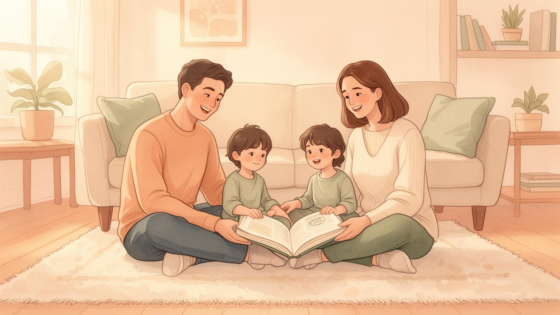 A family with two children sitting together sharing a daily ritual